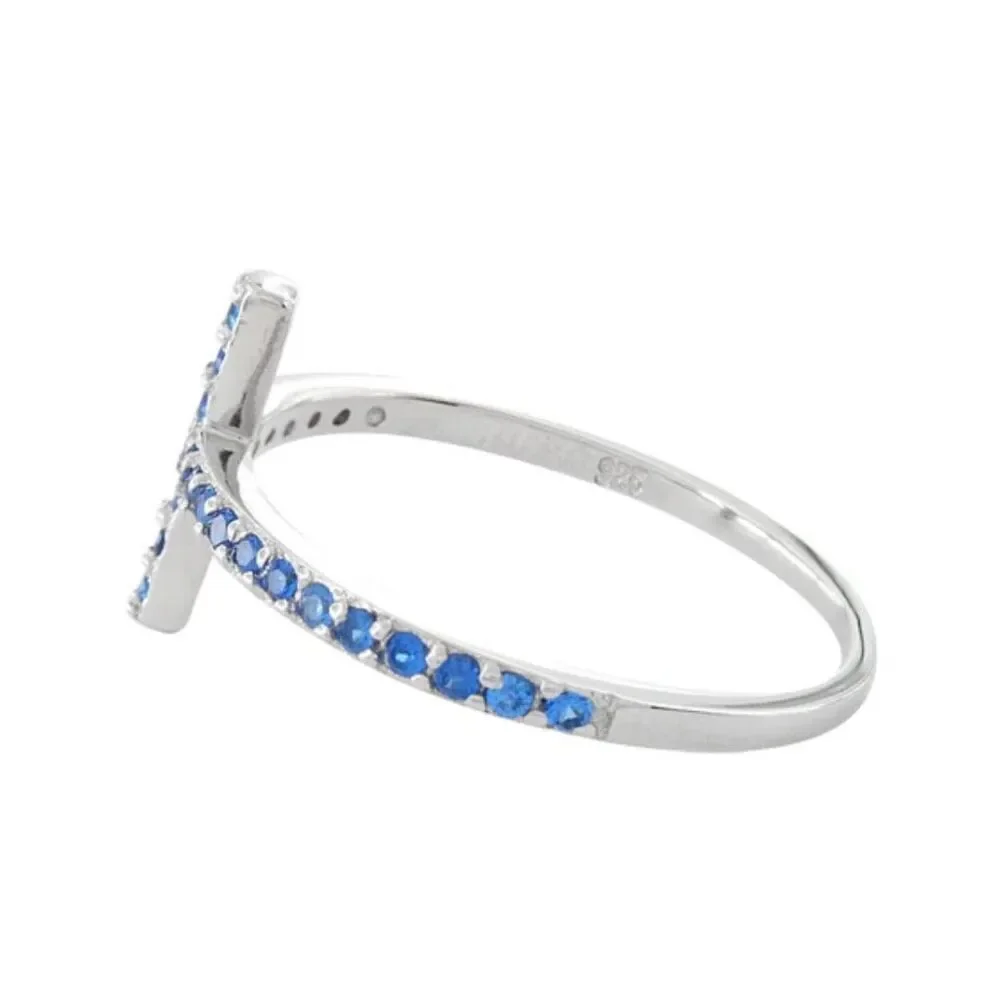 925 Sterling Silver Cross Ring Blue Sapphire CZ Band Sideways Faith Jewelry NEW